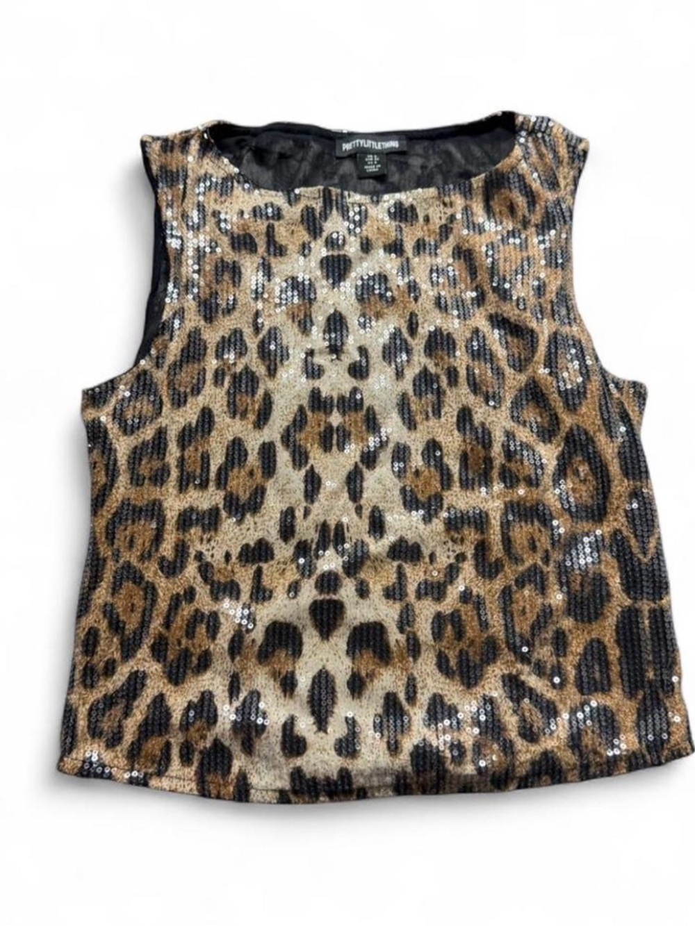 PrettyLittleThing Leopard Sequin Crop Tank Top - Brown & Black